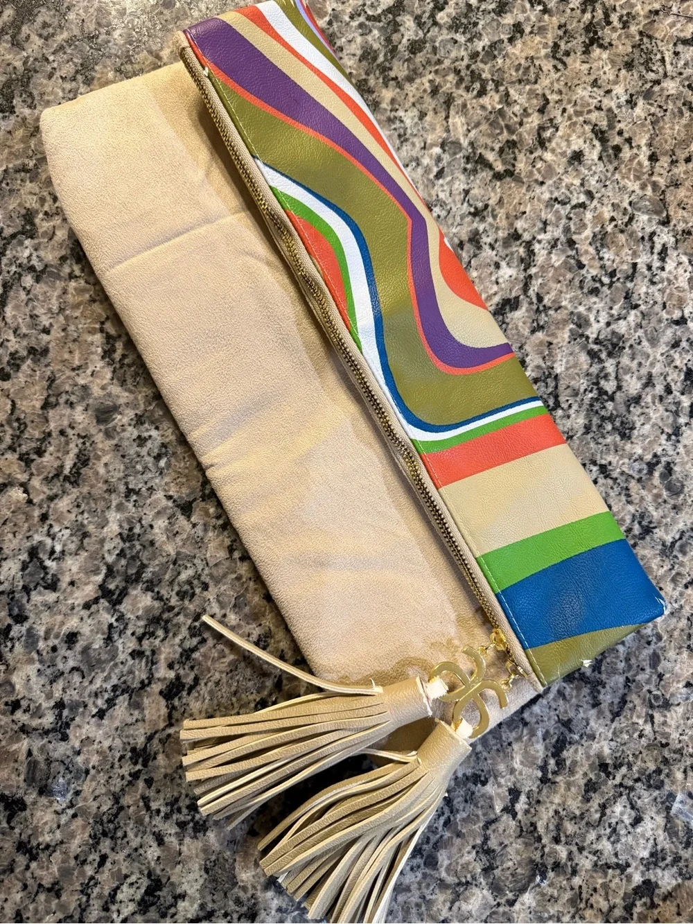 Arbonne Cream Fold-Over Clutch with Multicolor Stripe Accent
